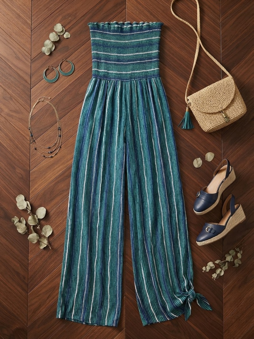 Japna Teal and Blue Striped Smocked Strapless Jumpsuit
